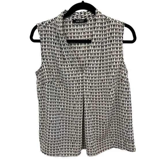 Nine West Black Beige White Sleeveless V-Neck Front Pleat Top Size M NWT - Picture 1 of 4